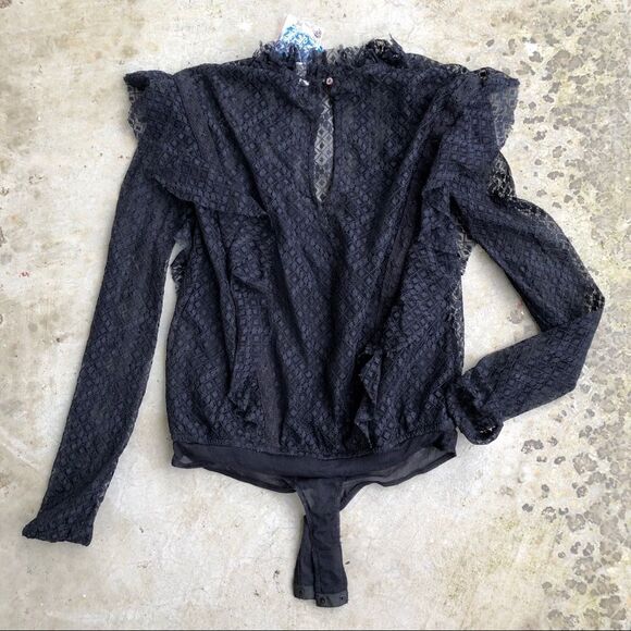 Free People Goldie Black Lace Ruffled Bodysuit XS - Picture 5 of 7